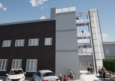 Aufzug Außen in Jüchen vom Architekt Düsseldorf geplant - Ansicht vom Parkplatz
